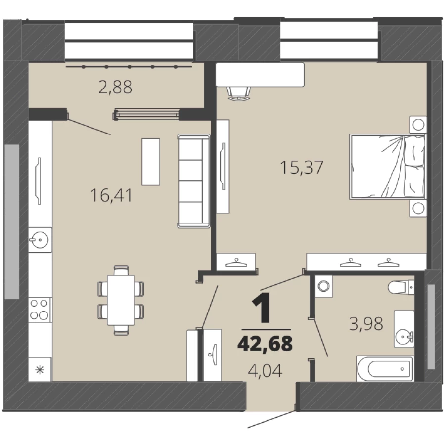 1-ая квартира с улучшенной планировкой 42,68 м2